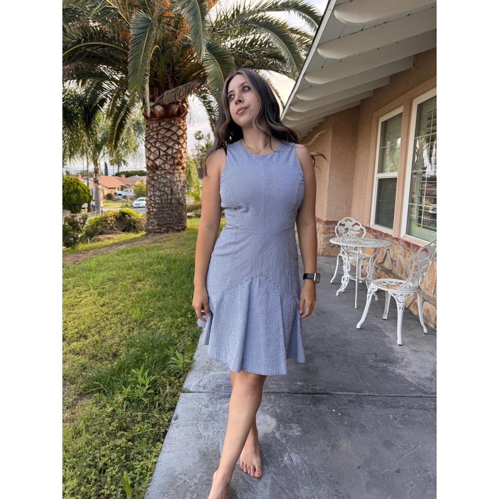J.Crew Blue White Striped Seersucker Fit Flare Dress Sleeveless 6 F0984